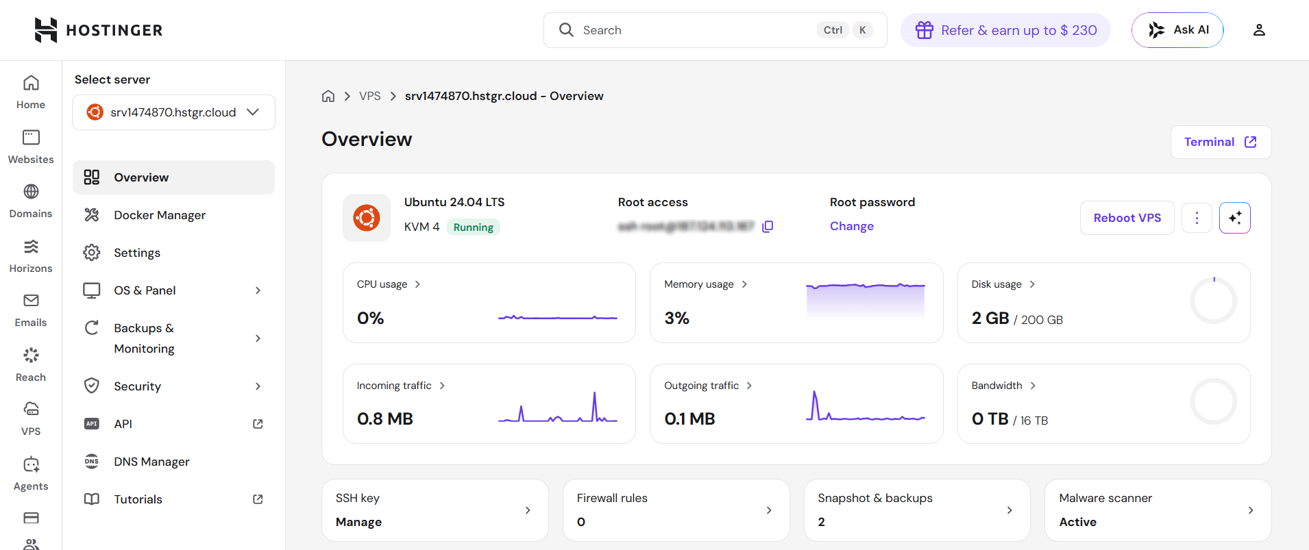 Hostinger VPS live monitoring widgets for CPU memory disk and bandwidth