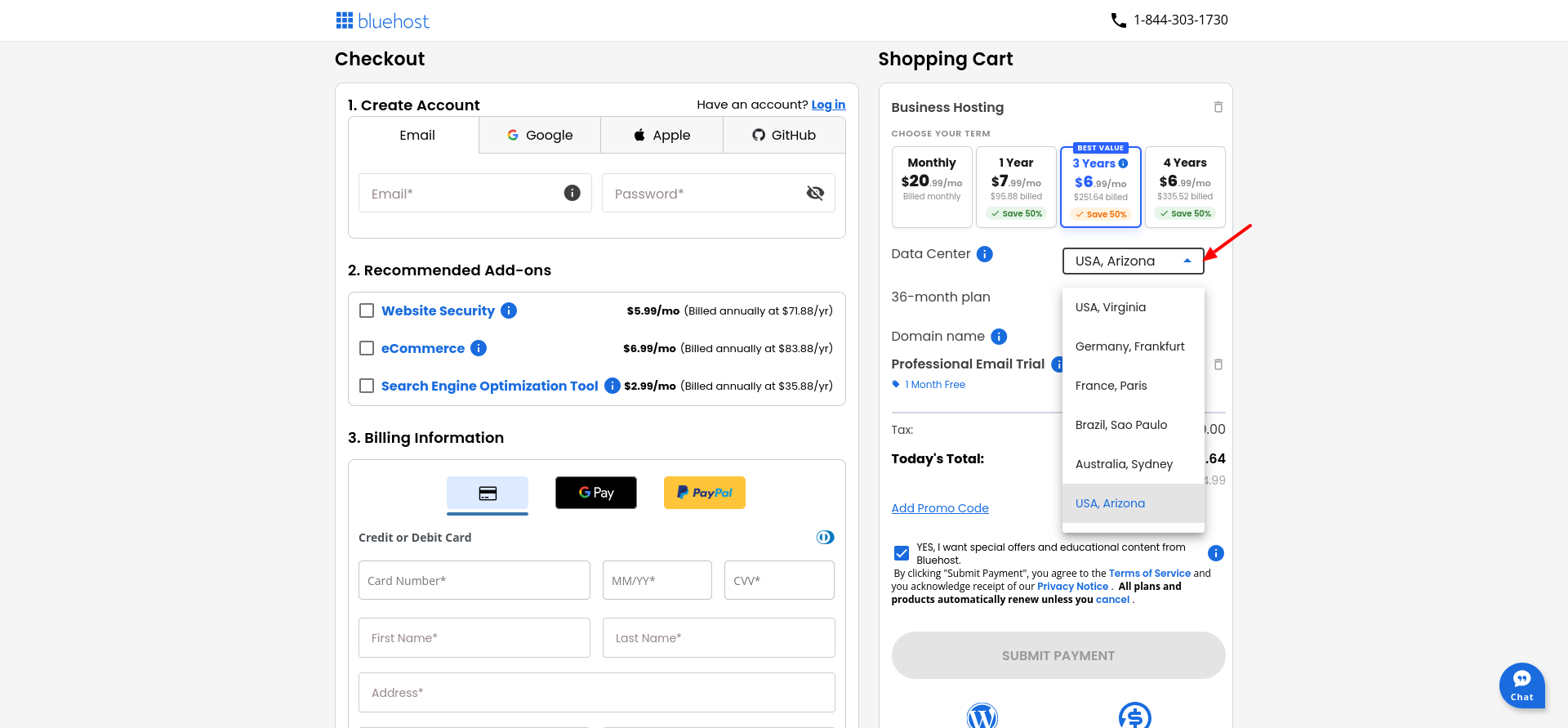 Bluehost data center location selection at checkout