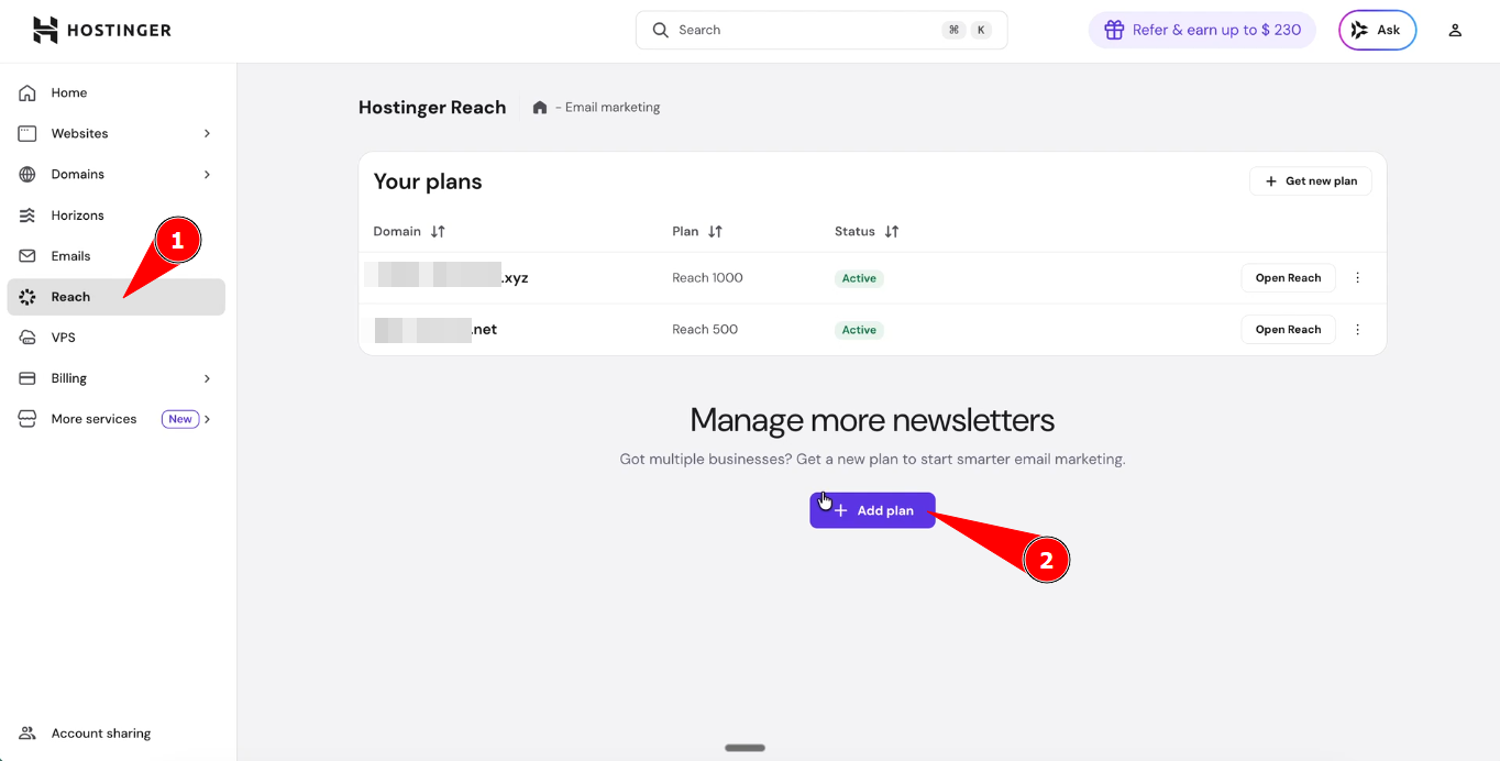 Hostinger Reach email marketing tool inside hPanel