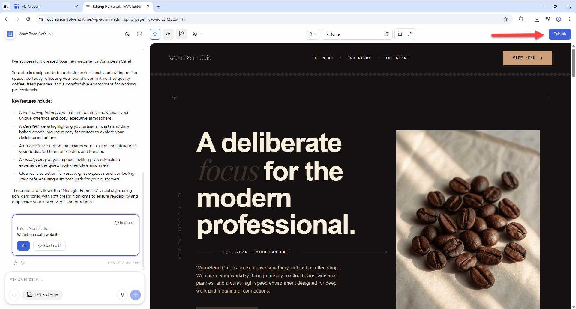 Bluehost AI website builder for creating a WordPress site