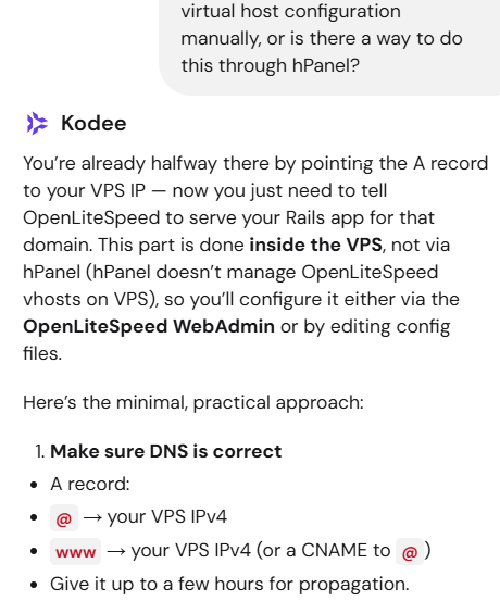 Hostinger support answer about OpenLiteSpeed configuration in Hostinger vs GoDaddy comparison