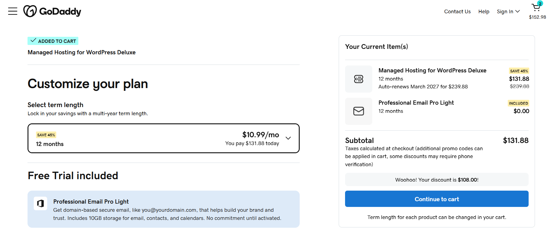 GoDaddy plan billing term selection in Hostinger vs GoDaddy comparison