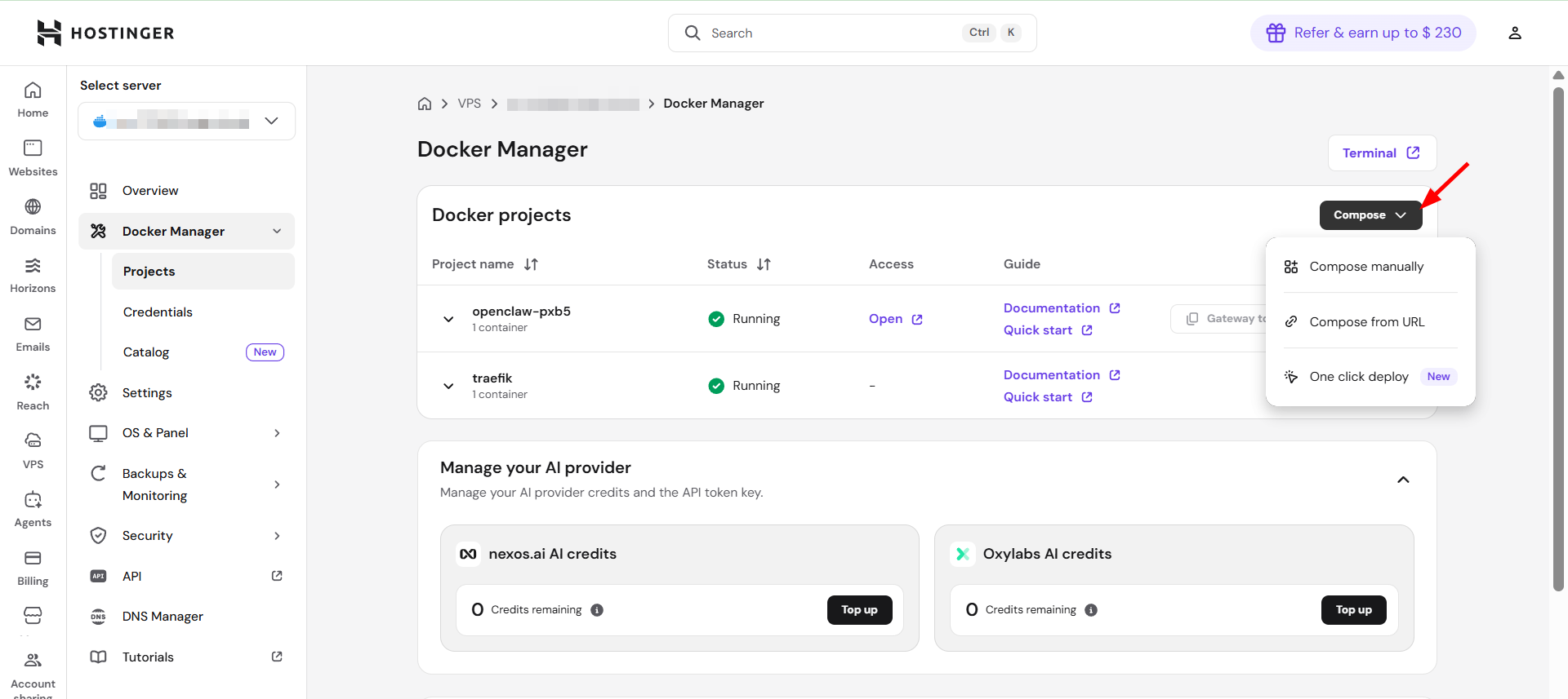 Hostinger Docker Manager in Hostinger vs GoDaddy comparison