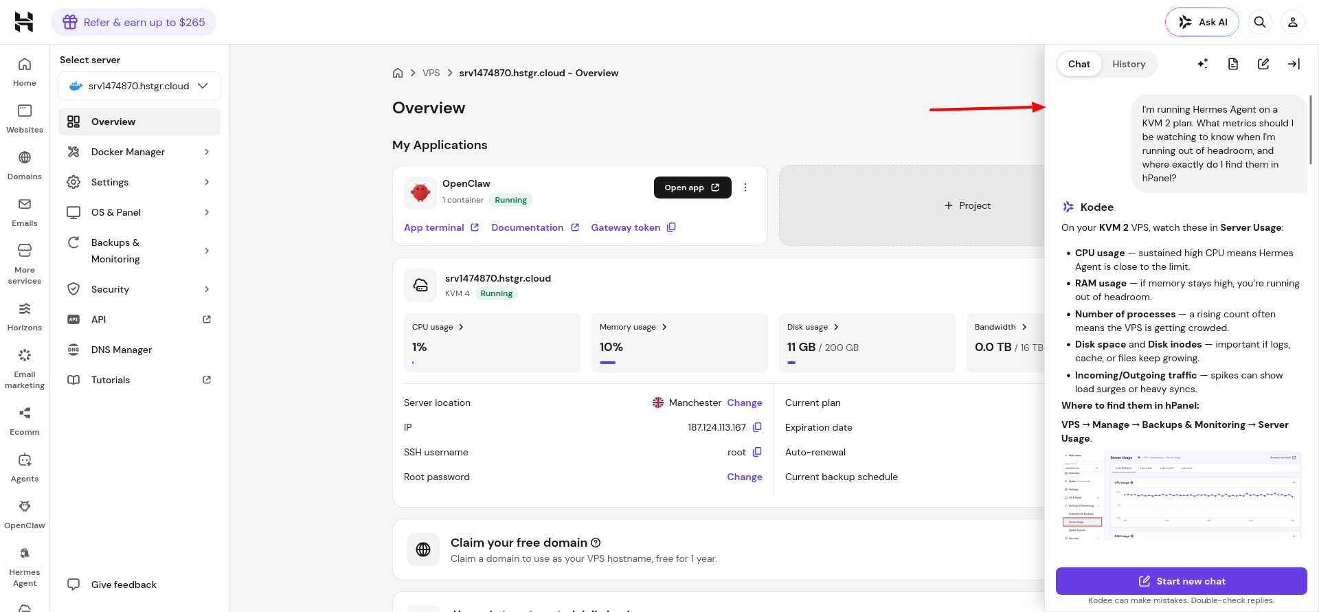 Hostinger Kodee AI in VPS dashboard in Hostinger vs GoDaddy comparison