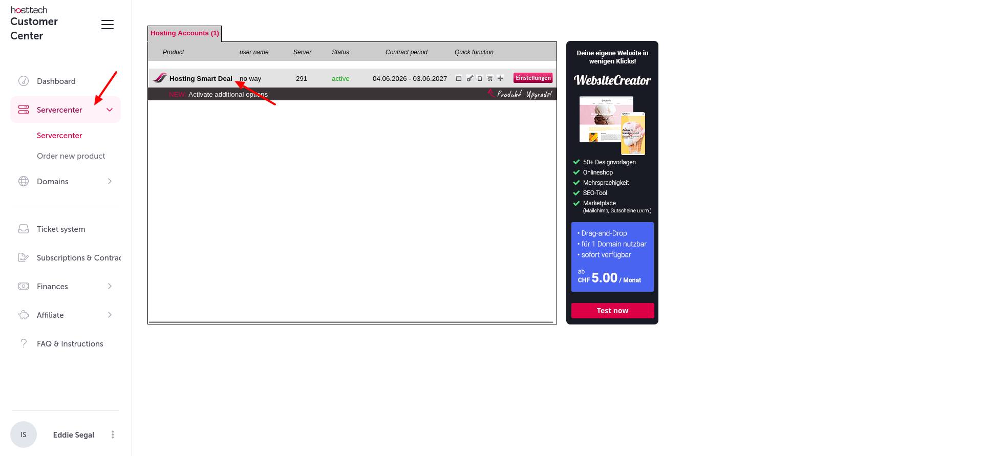 screenshot of Hosttech Servercenter tab