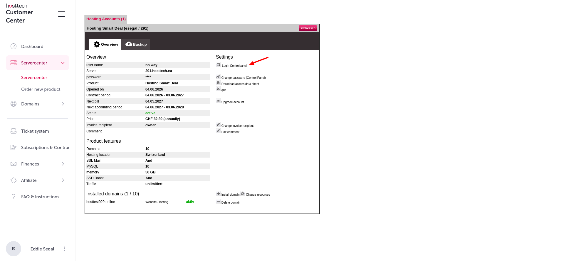 screenshot of Hosttech Servercenter settings panel
