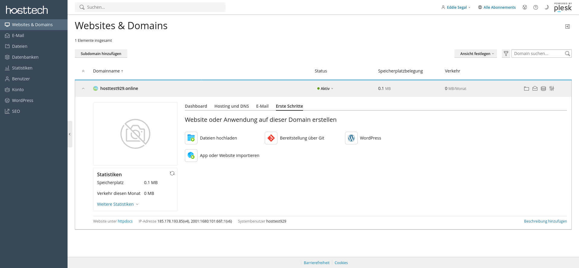 screenshot of Hosttech Websites & Domains panel