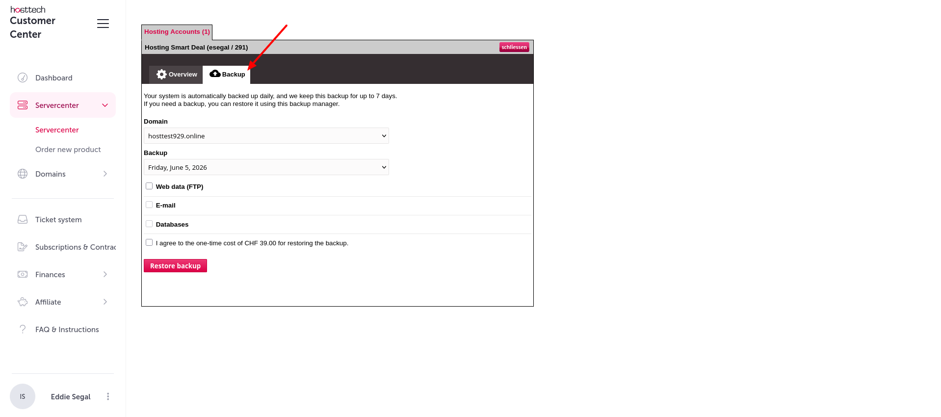 screenshot of Hosttech Servercenter Backup menu