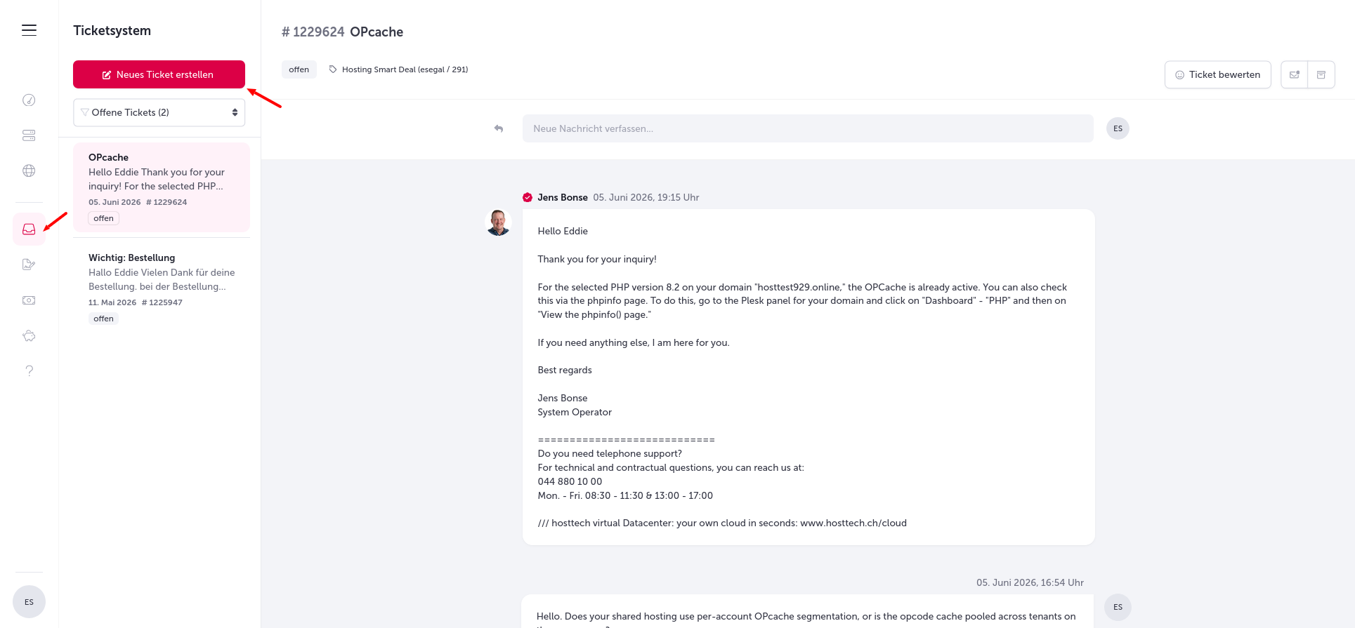 screenshot of Hosttech Ticket Support conversation