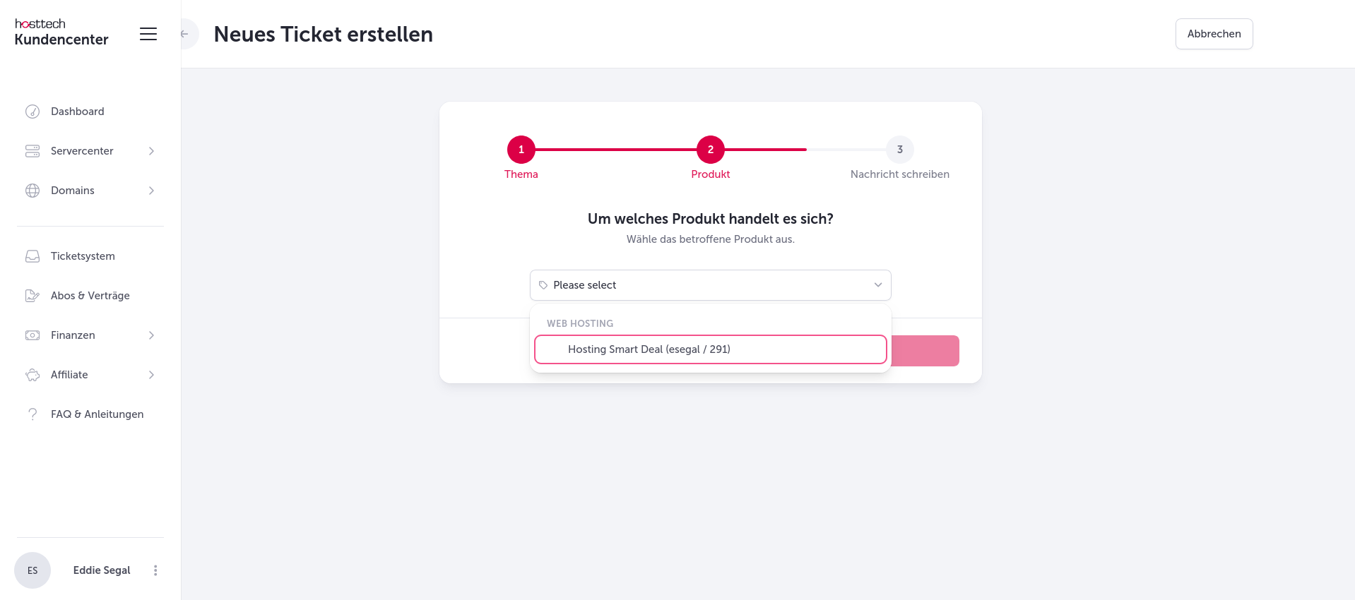 screenshot of Web Hosting dropdown menu