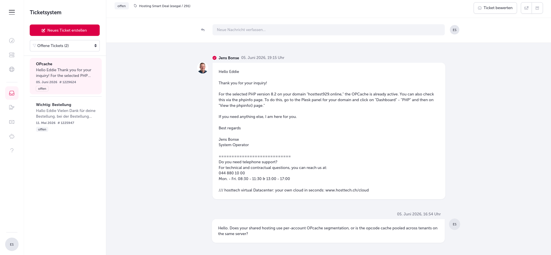 screenshot of Ticket support conversation