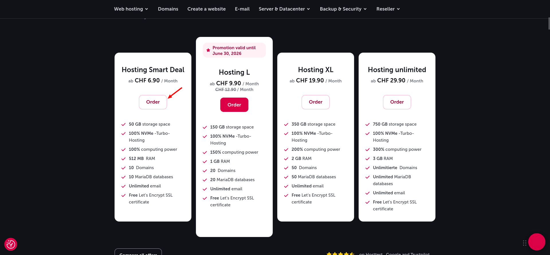 screenshot of Hosttech Web Hosting plans