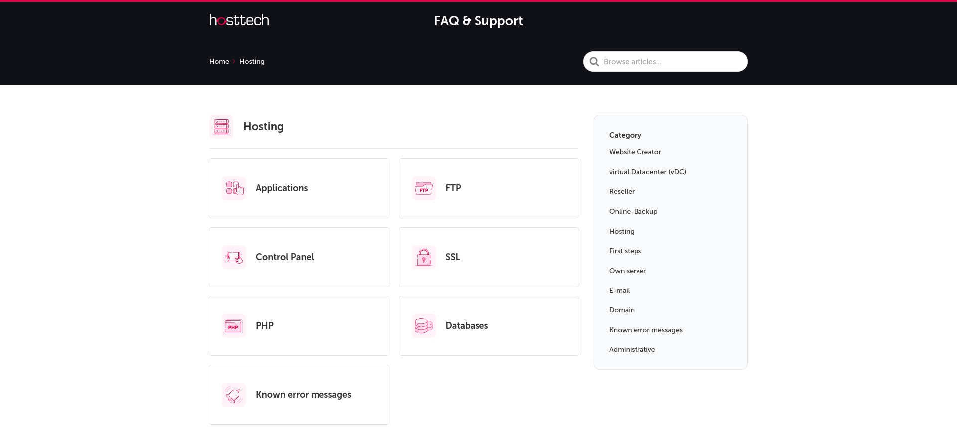 screenshot of Hosting FAQ topics