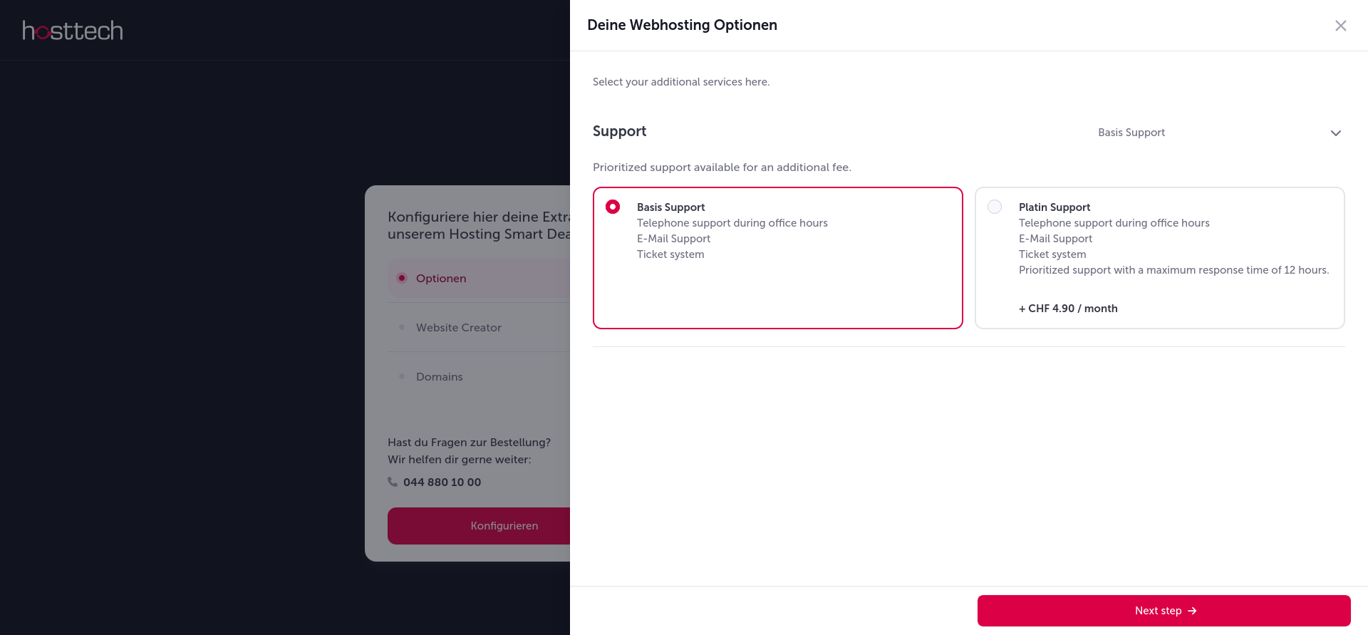 screenshot of Hosttech Support options