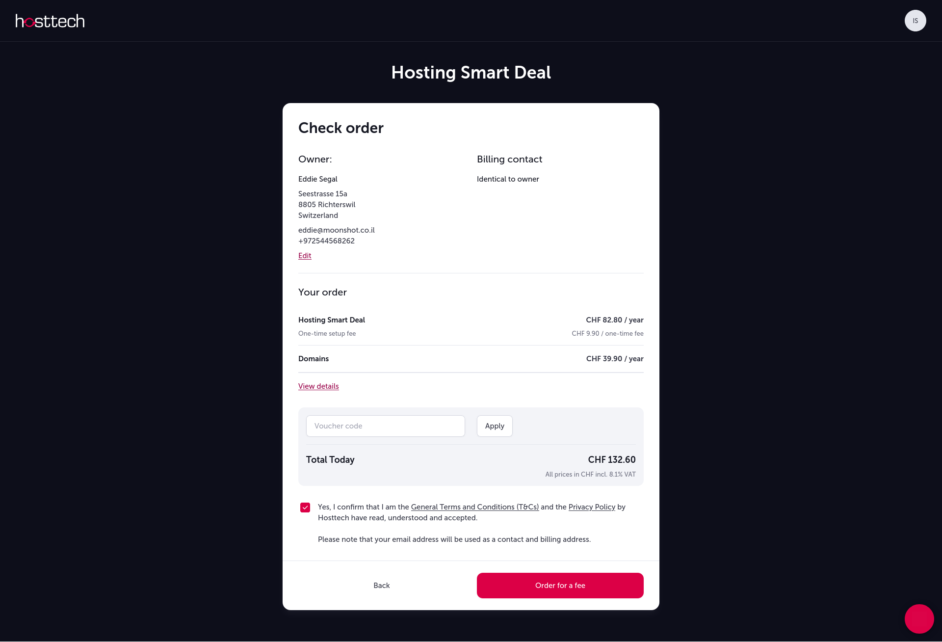 screenshot of Hosttech checkout
