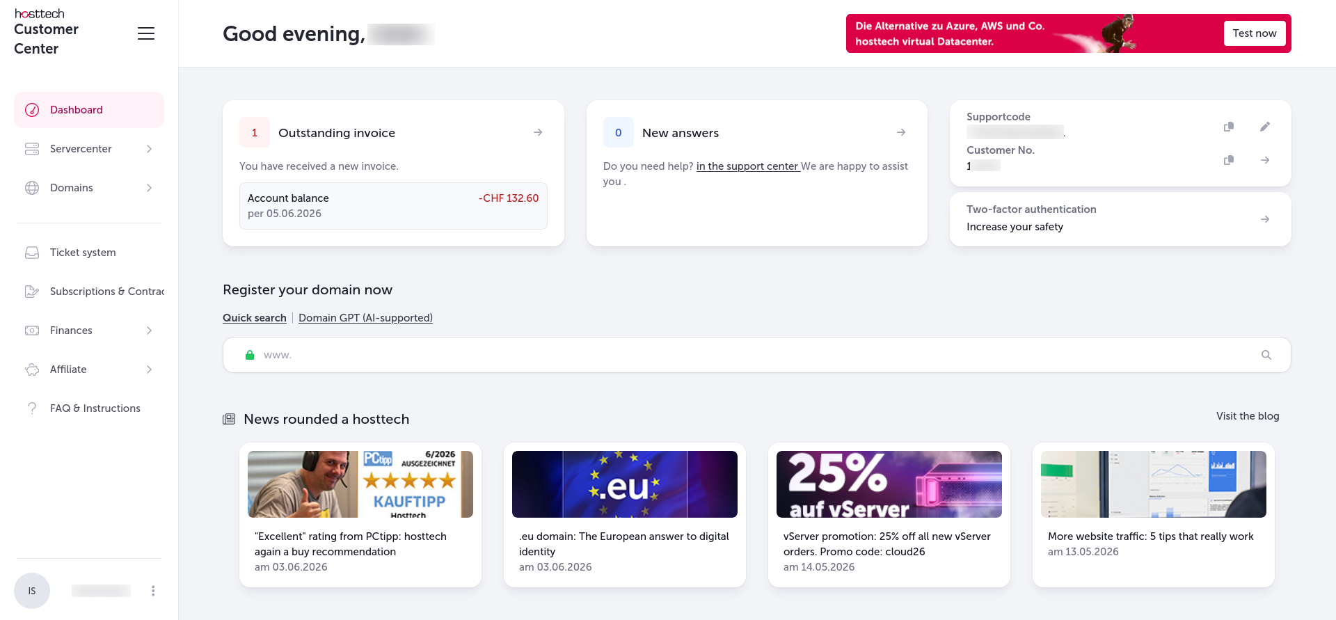 screenshot of Hosttech dashboard
