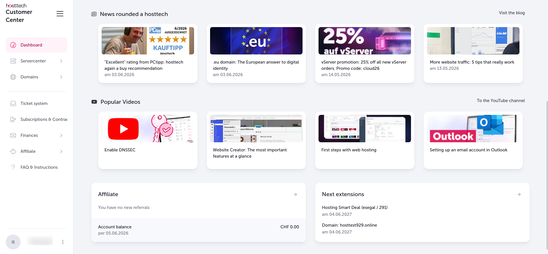 screenshot of Hosttech dashboard