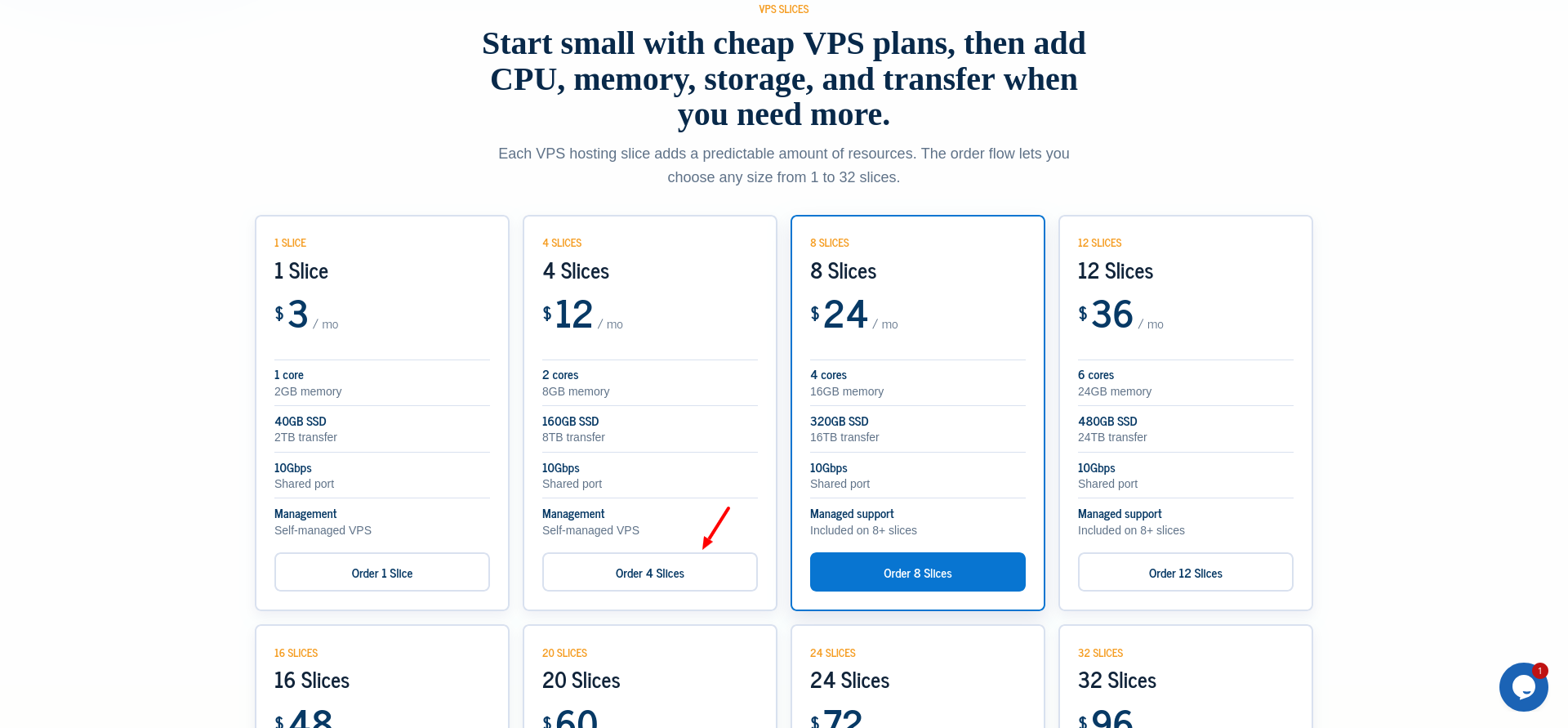 screenshot of InterServer VPS hosting plans