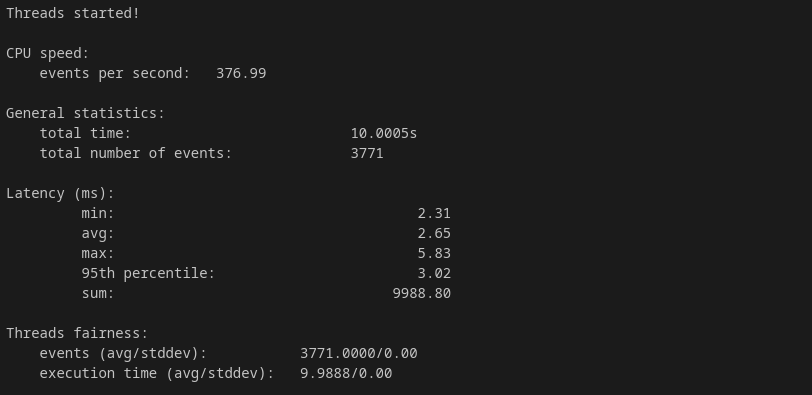 InterServer KVM VPS 2-slice sysbench single-thread CPU benchmark result showing 376.99 events per second on Intel Xeon Gold 6230R