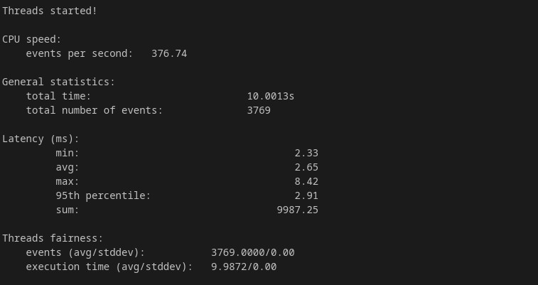 InterServer KVM VPS 1-slice sysbench single-thread CPU benchmark result showing 376.74 events per second on Intel Xeon Gold 6230R