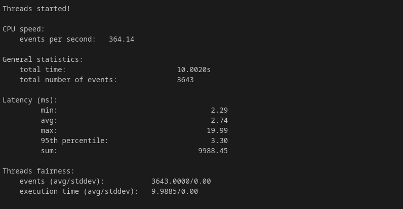 InterServer KVM VPS 1-slice sysbench multi-thread CPU benchmark result showing 364.14 events per second