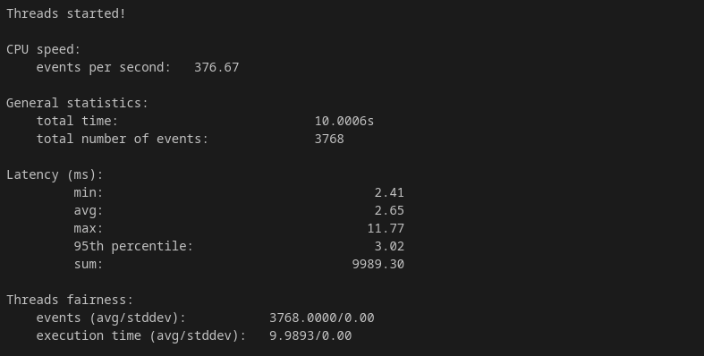 InterServer KVM VPS 2-slice sysbench multi-thread CPU benchmark result showing 376.67 events per second