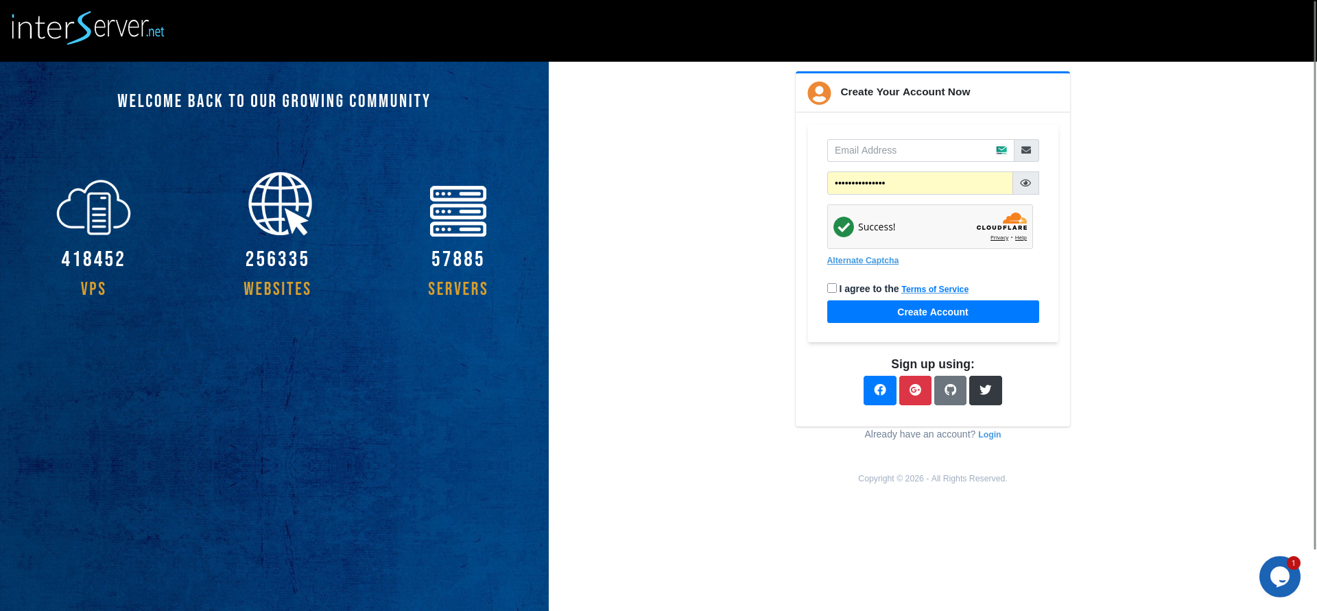 screenshot of InterServer Sign up form