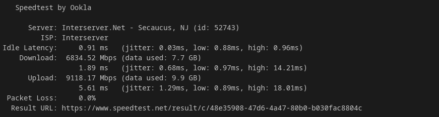 InterServer KVM VPS 2-slice Ookla speedtest result showing 6,834 Mbps download, 9,118 Mbps upload, 0.91ms latency, and zero packet loss