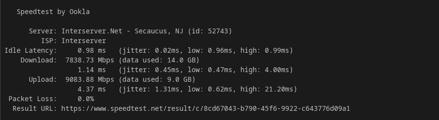 InterServer KVM VPS 1-slice Ookla speedtest result showing 7,838 Mbps download, 9,083 Mbps upload, 0.98ms latency, and zero packet loss