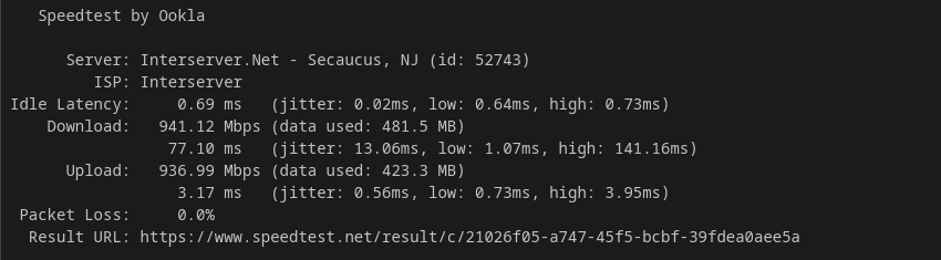 InterServer dedicated server fio disk benchmark results showing 2,346 MiB/s sequential write, 2,628 MiB/s sequential read, and 54,800 random 4K IOPS