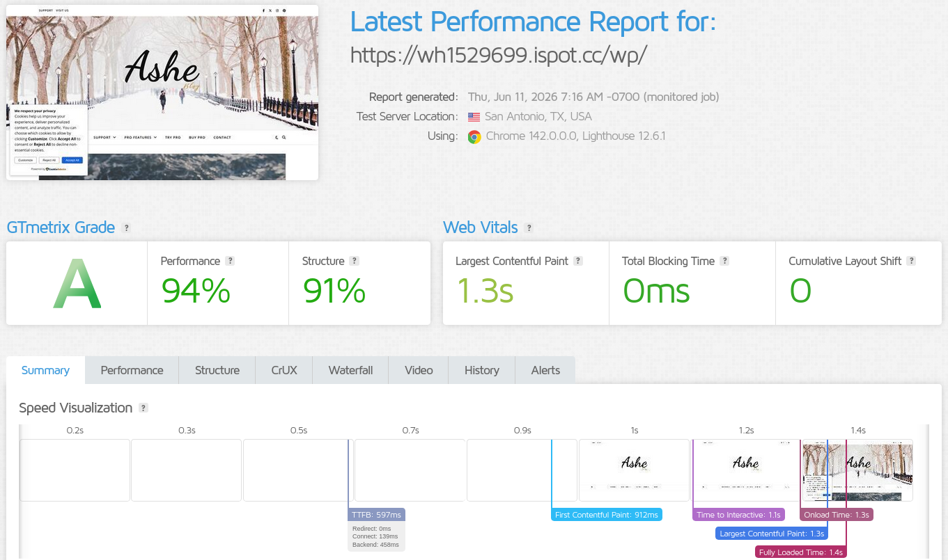 screenshot of InterServer GTMetrix Performance Test