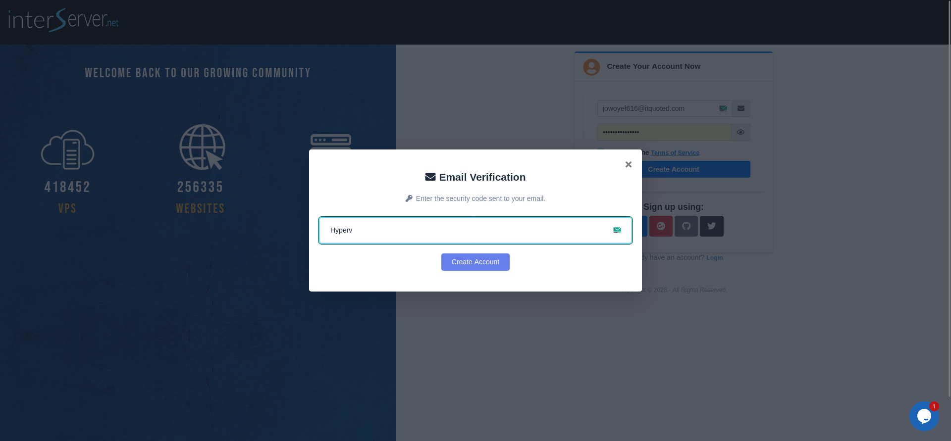 screenshot of InterServer Email Verification window