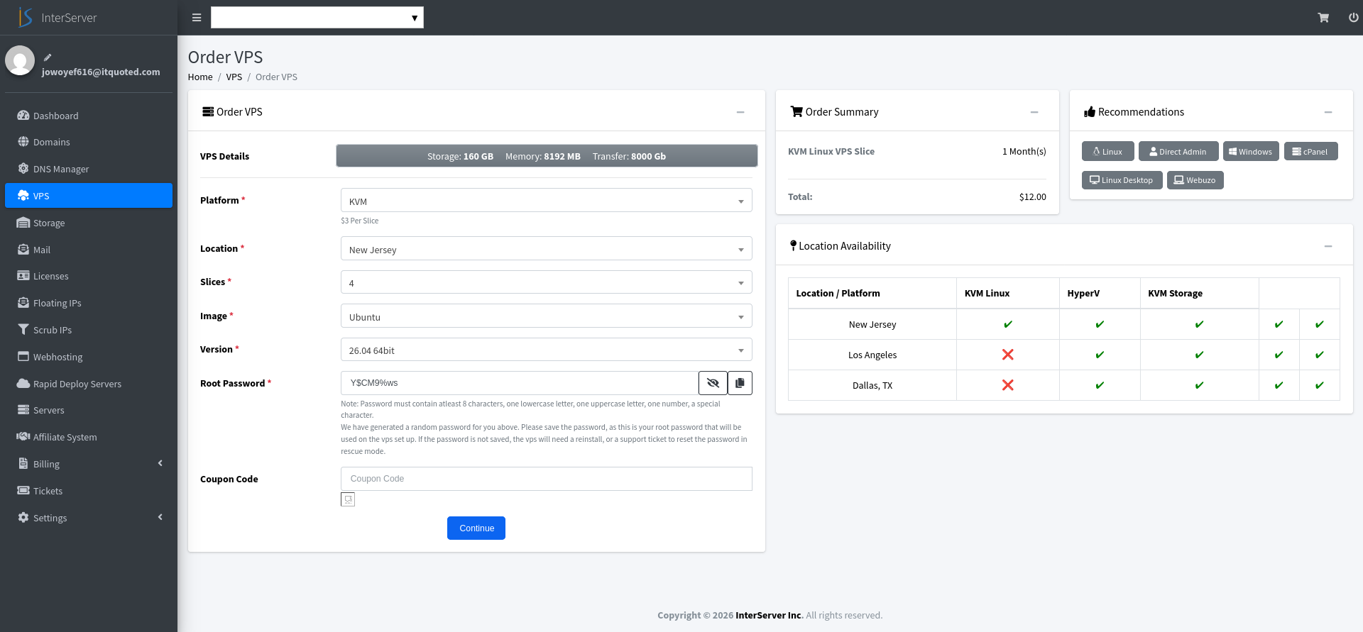 screenshot of InterServer Dashboard