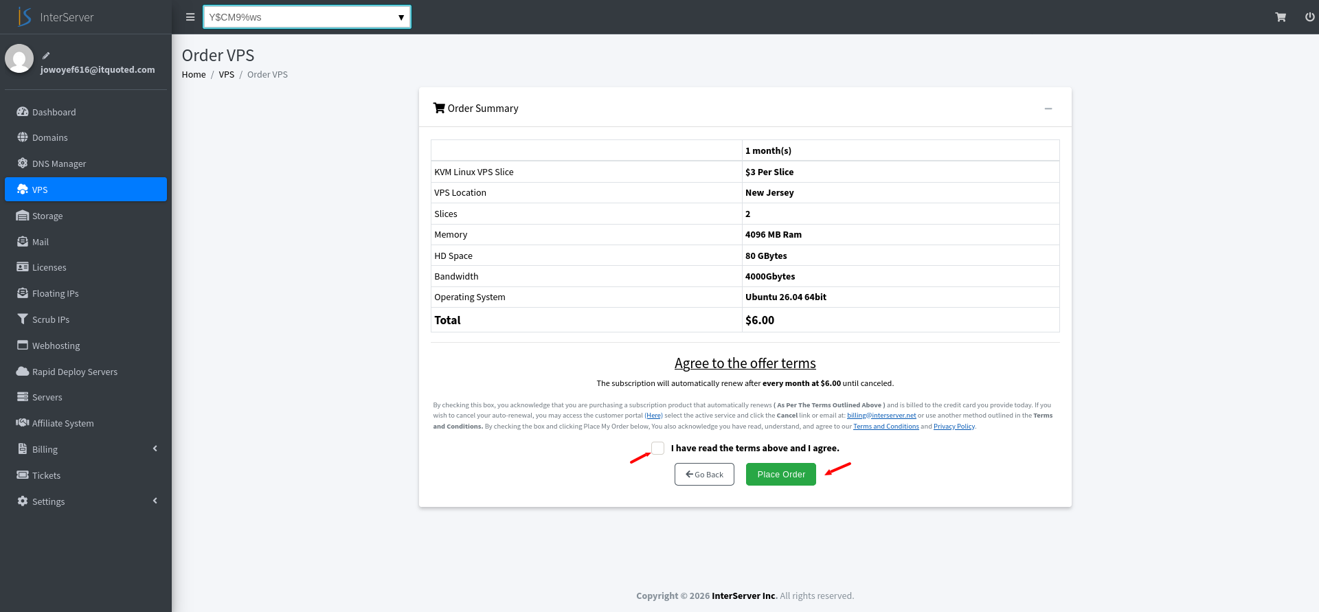 screenshot of InterServer Order VPS window