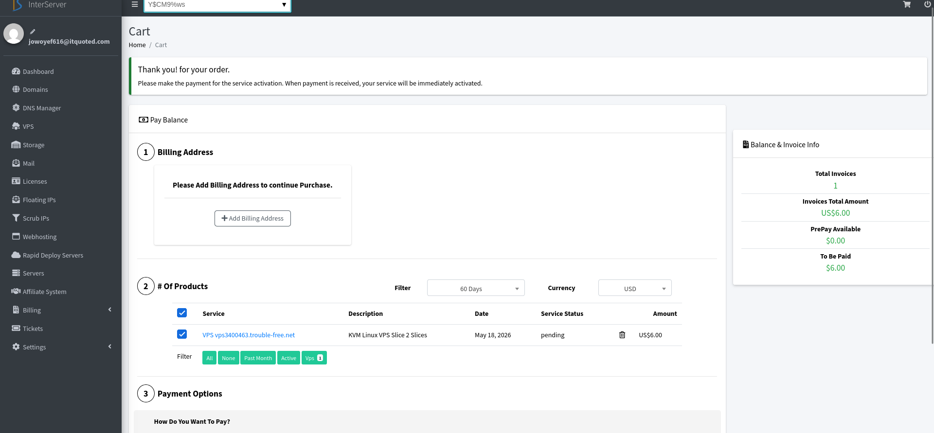 screenshot of InterServer Cart