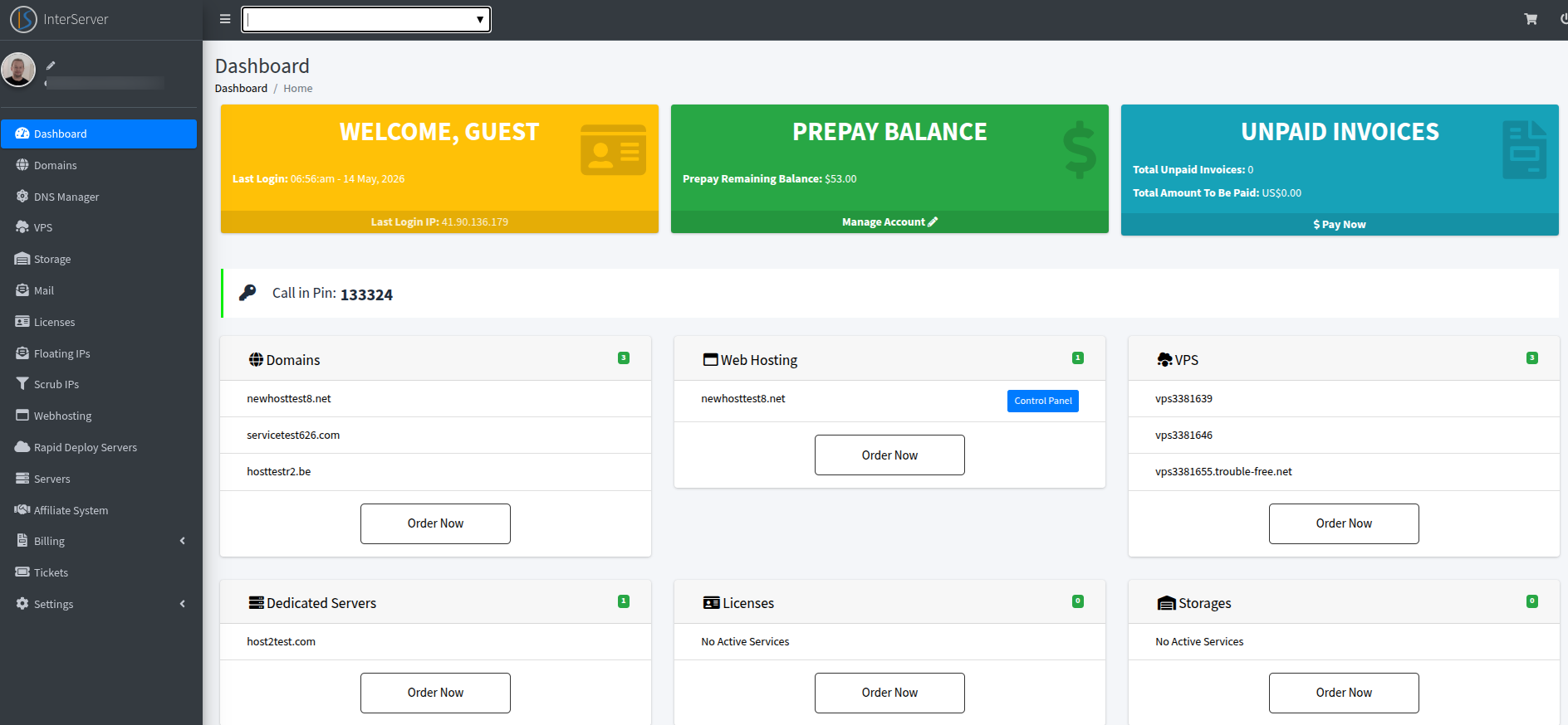 screenshot of InterServer Dashboard