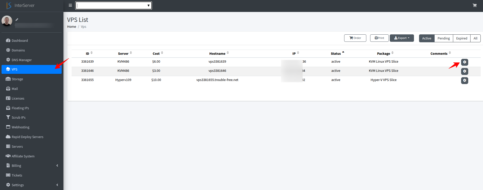 screenshot of InterServer VPS List