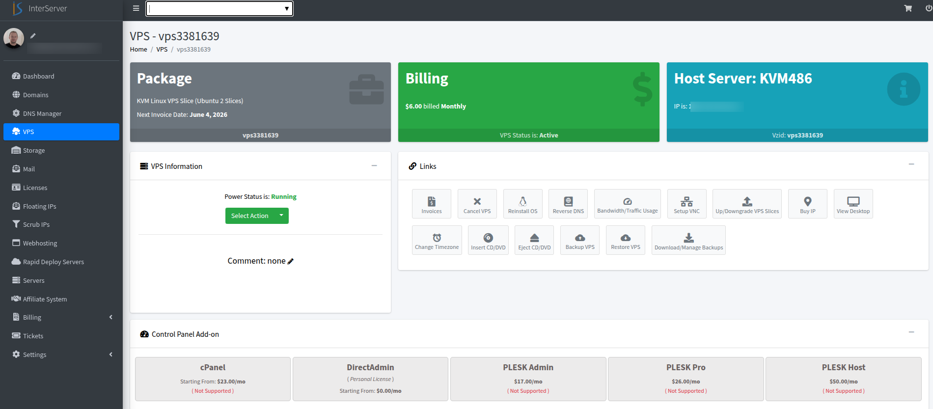screenshot of InterServer VPS management