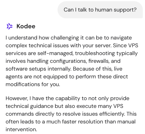 Hostinger Kodee response before human support escalation