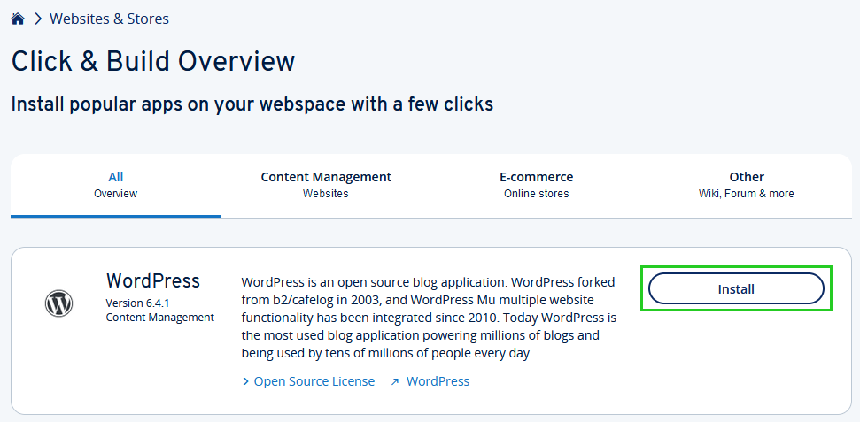 IONOS WordPress installation completion through Click and Build