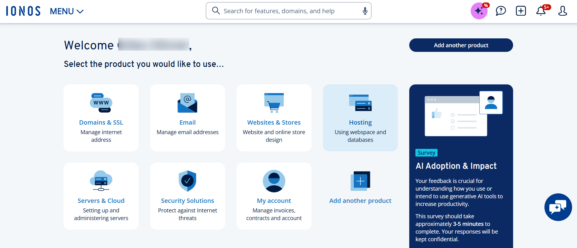 IONOS main dashboard with domains hosting servers email and website categories
