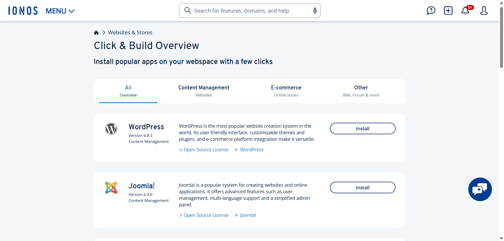 IONOS Click and Build one-click application installer