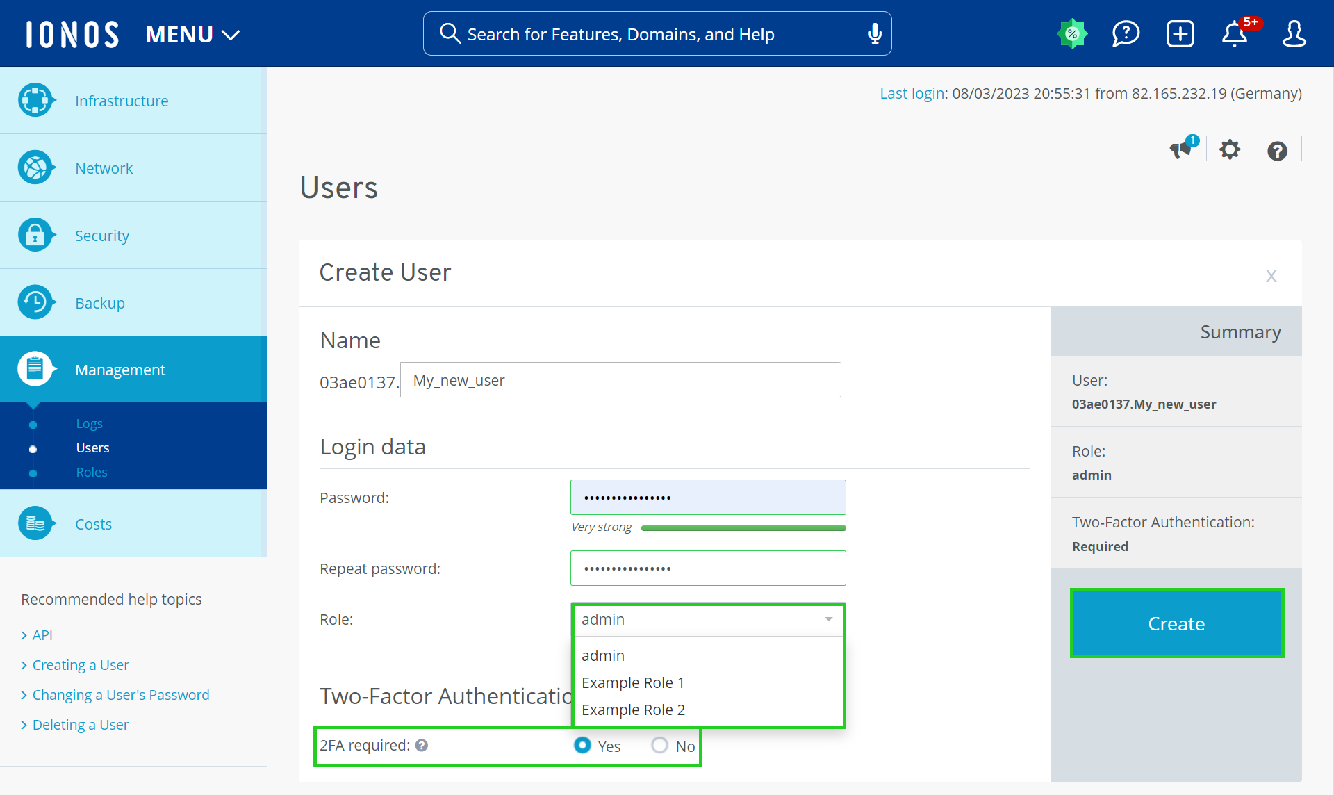 IONOS Cloud Panel server administration interface