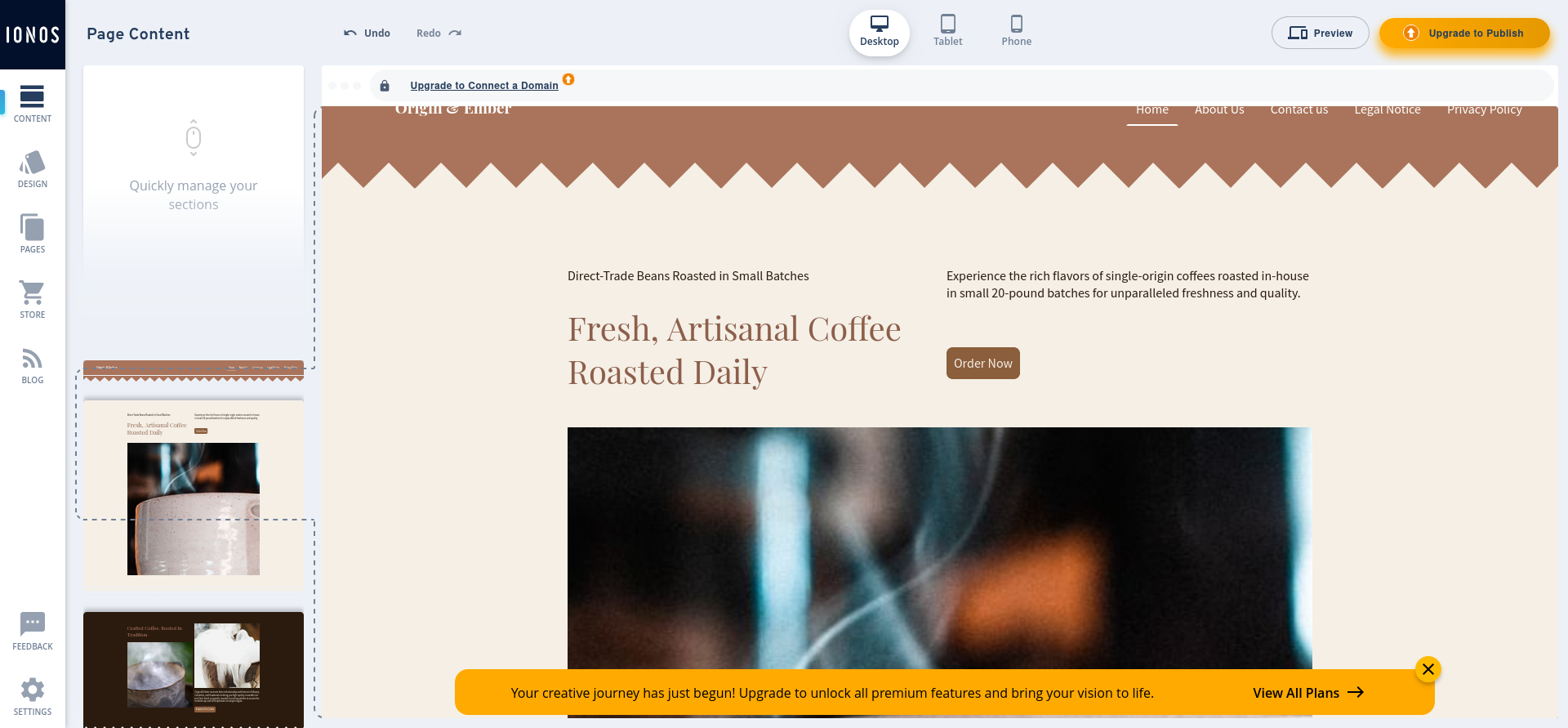 IONOS editor sidebar with content design pages store blog feedback and settings