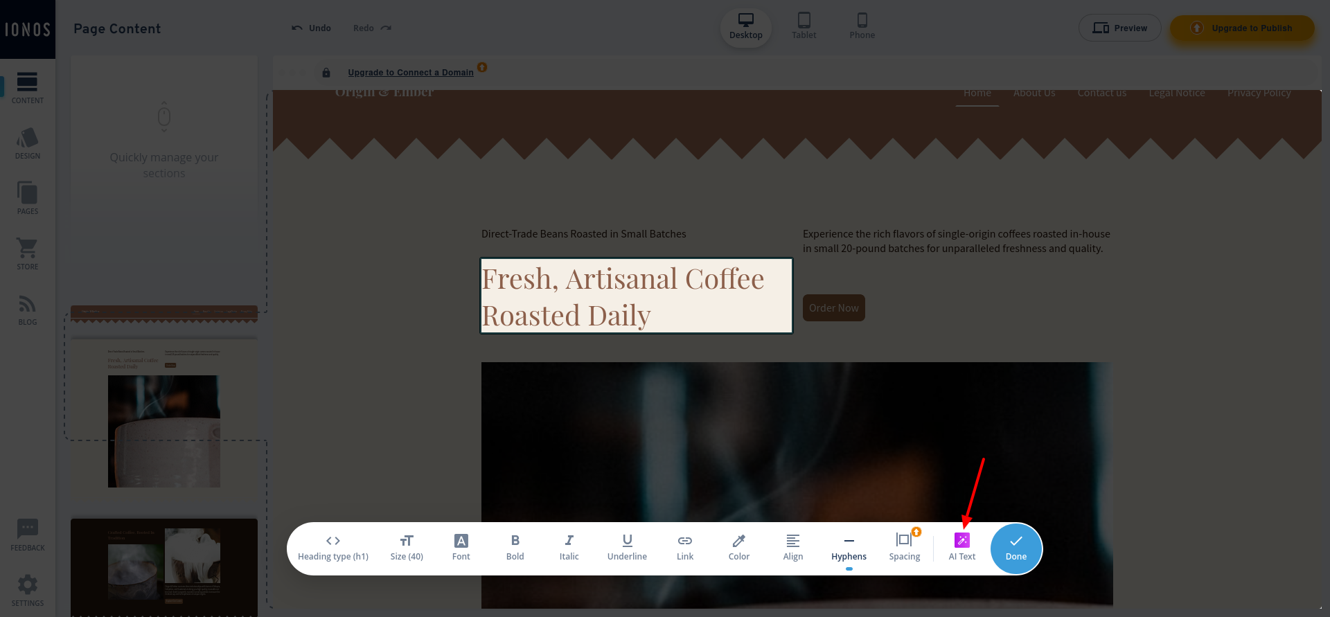 IONOS AI text generator inside the editing toolbar
