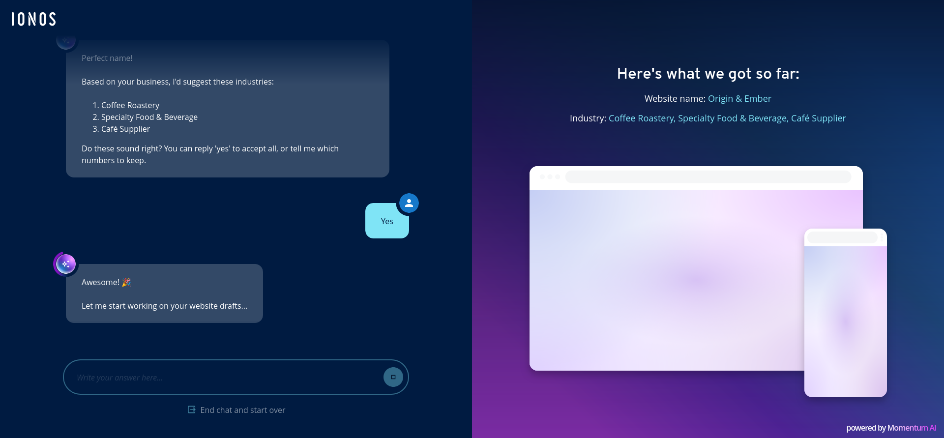 IONOS AI category confirmation step
