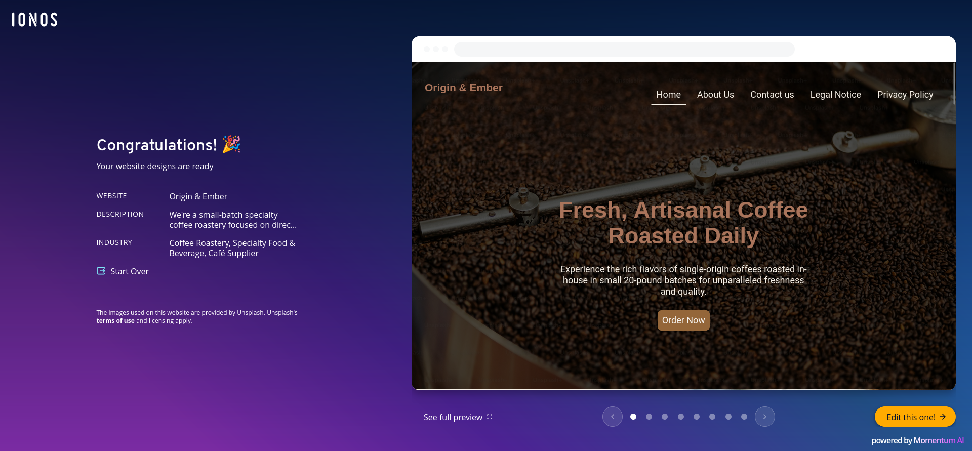 IONOS generated Origin and Ember coffee website design