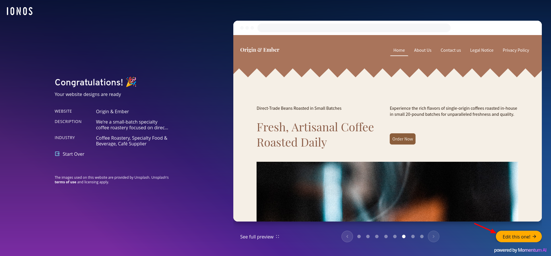 IONOS AI-generated website design options