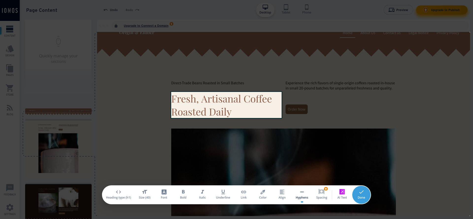 IONOS text formatting toolbar in website editor