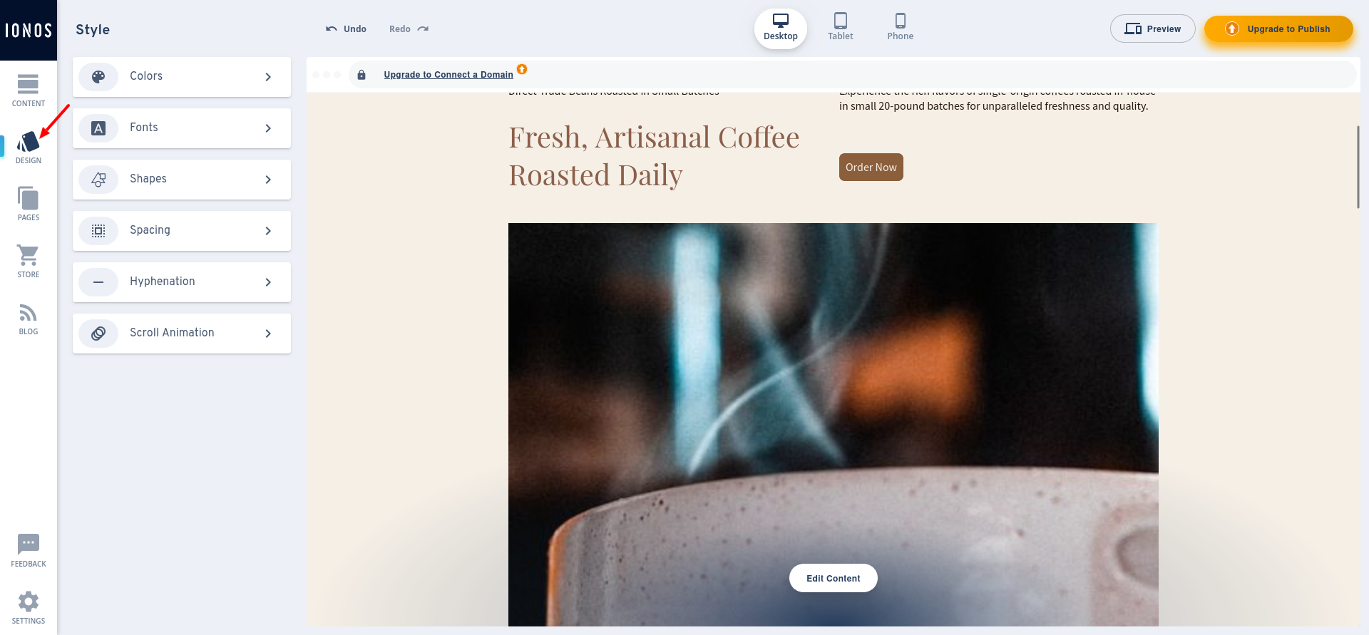 IONOS design panel with site-wide colors fonts shapes and spacing controls